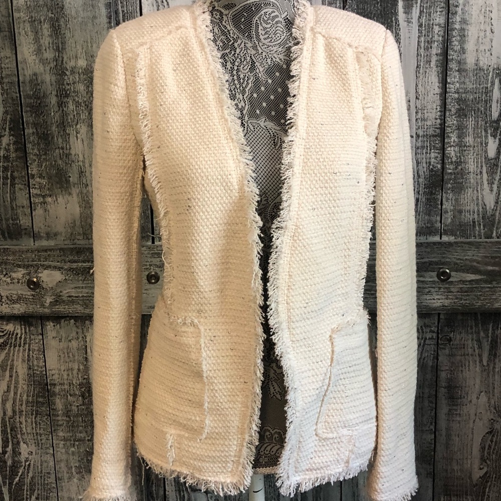 Rebecca Taylor Ivory Silver Textured Fringe Blazer